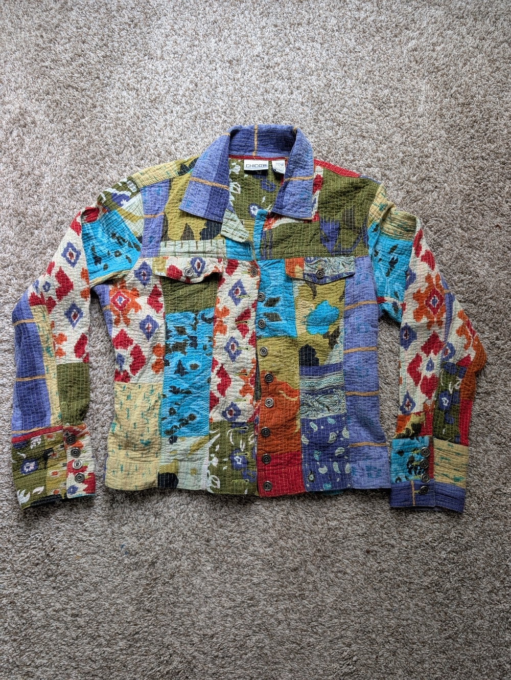 Chicos Patchwork Multicolor Button-Up Jacket Sz 0 Art To Wear